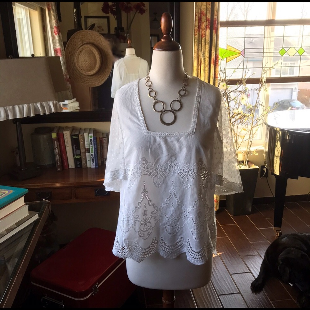 Sz L Cream Lacy Boho Blouse